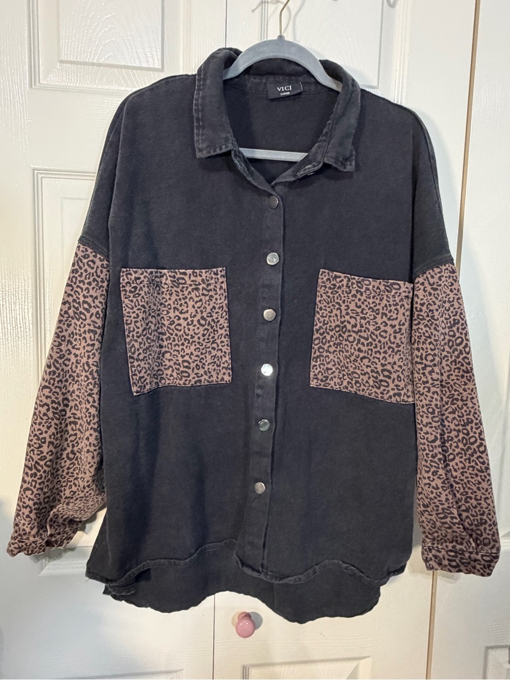 VICI Black Button-Front Jacket with Leopard Pocket & Sleeve Accents